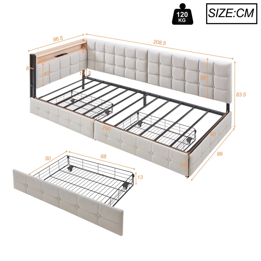 Divano letto 90x200 cm con 2 cassetti; LED e porte USB/Tipo-C in tessuto beige