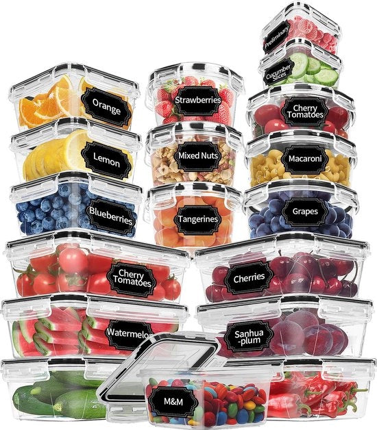 Set di contenitori per alimenti con coperchi, composto da 36 pezzi con 18 contenitori a chiusura ermetica da 18 litri e 18 coperchi, materiale plastico BPA-free, contenitori per la preparazione delle pasti per organizzatore della dispensa.
