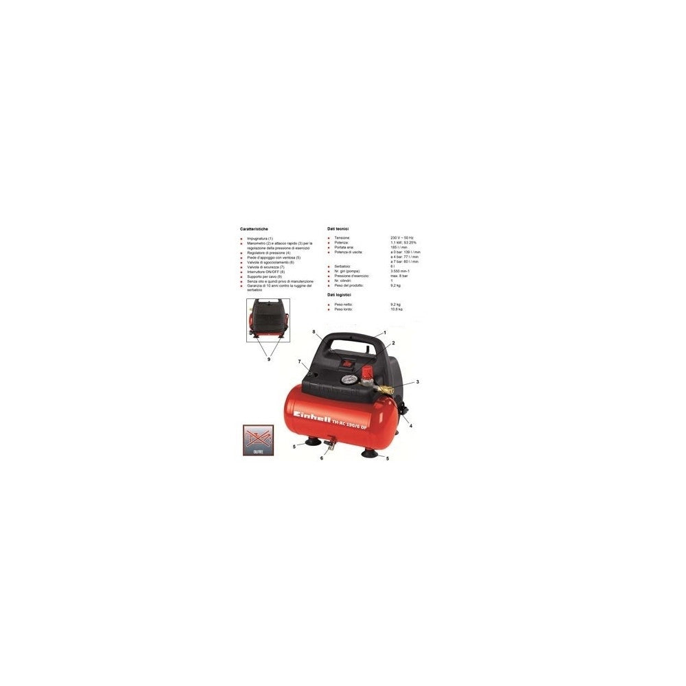 Trade Shop - Compressore Portatile 6 Lt Einhell Th-ac 190/6 Of Motore 1,5 Hp -