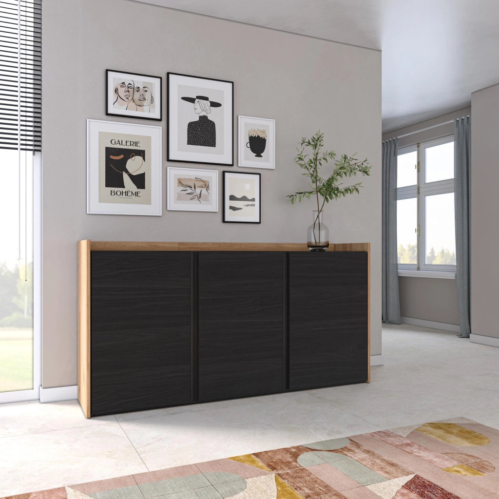 Credenza, Mobile, Cucina, 156x80x35 cm, 3 Porte, grande stoccaggio, Nero e rovere
