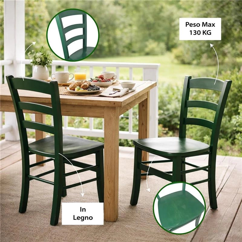 SET 2 SEDIE PAESANA IN LEGNO CON SEDUTA COMPATTA E SCHIENALE ALTO H 87 X L 45 X P 40 CM COLORE VERDE