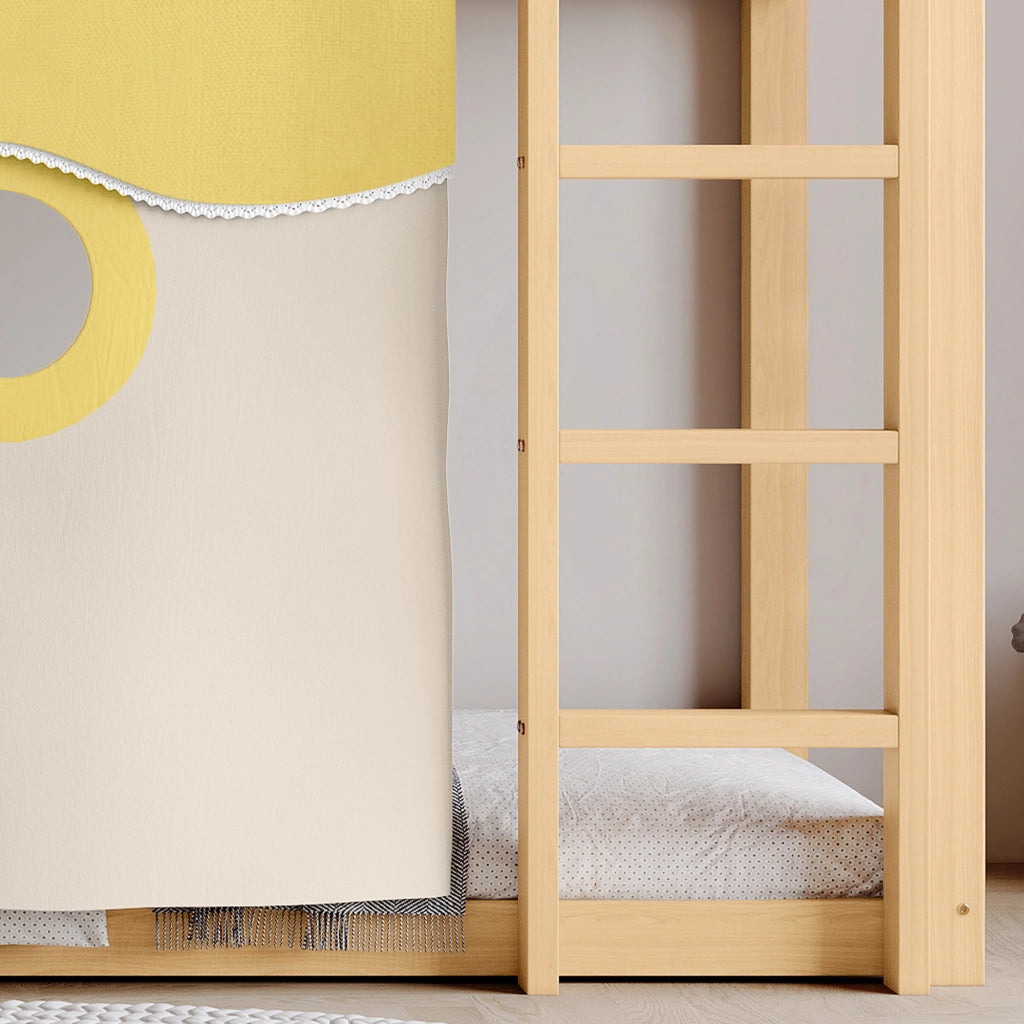 LETTO A CASTELLO con scivolo e scala 90x200 cm MDF e pino naturale con tende