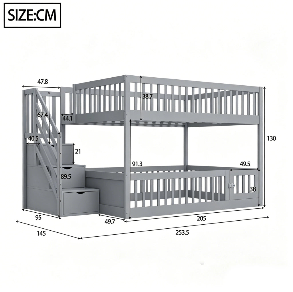 Letto a castello 140 x 200 cm con scala a cassetti e porta apribile; grigio
