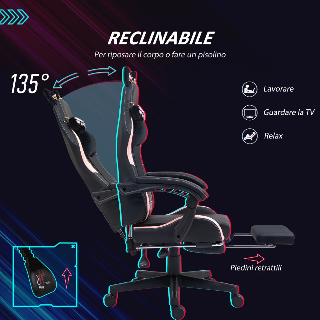 Poltrona Gaming Reclinabile con Poggiapiedi ¨C Minimal ¨C Similpelle Rosa e Nero, 65x62x116-124 cm