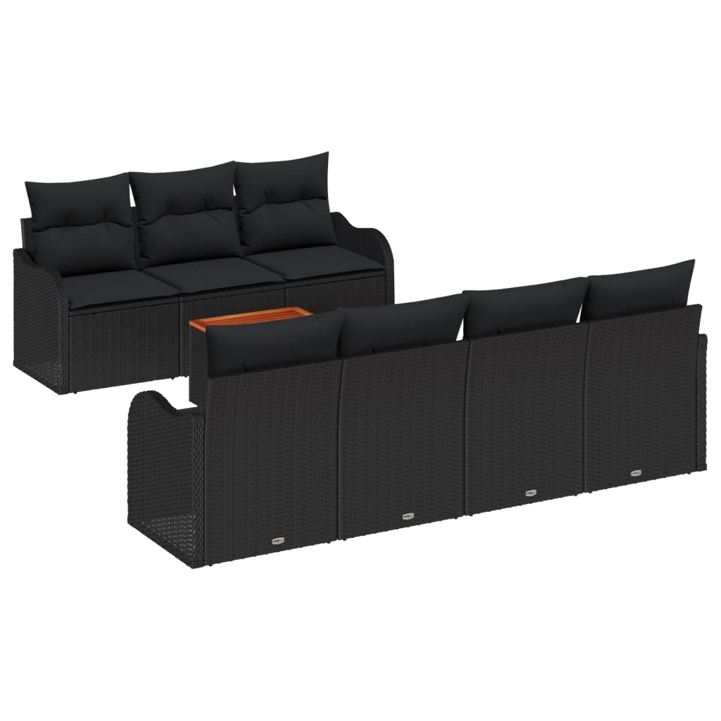 Set di Divani da Giardino 8 Pezzi con Cuscini Nero Rattan Polimerico Acacia