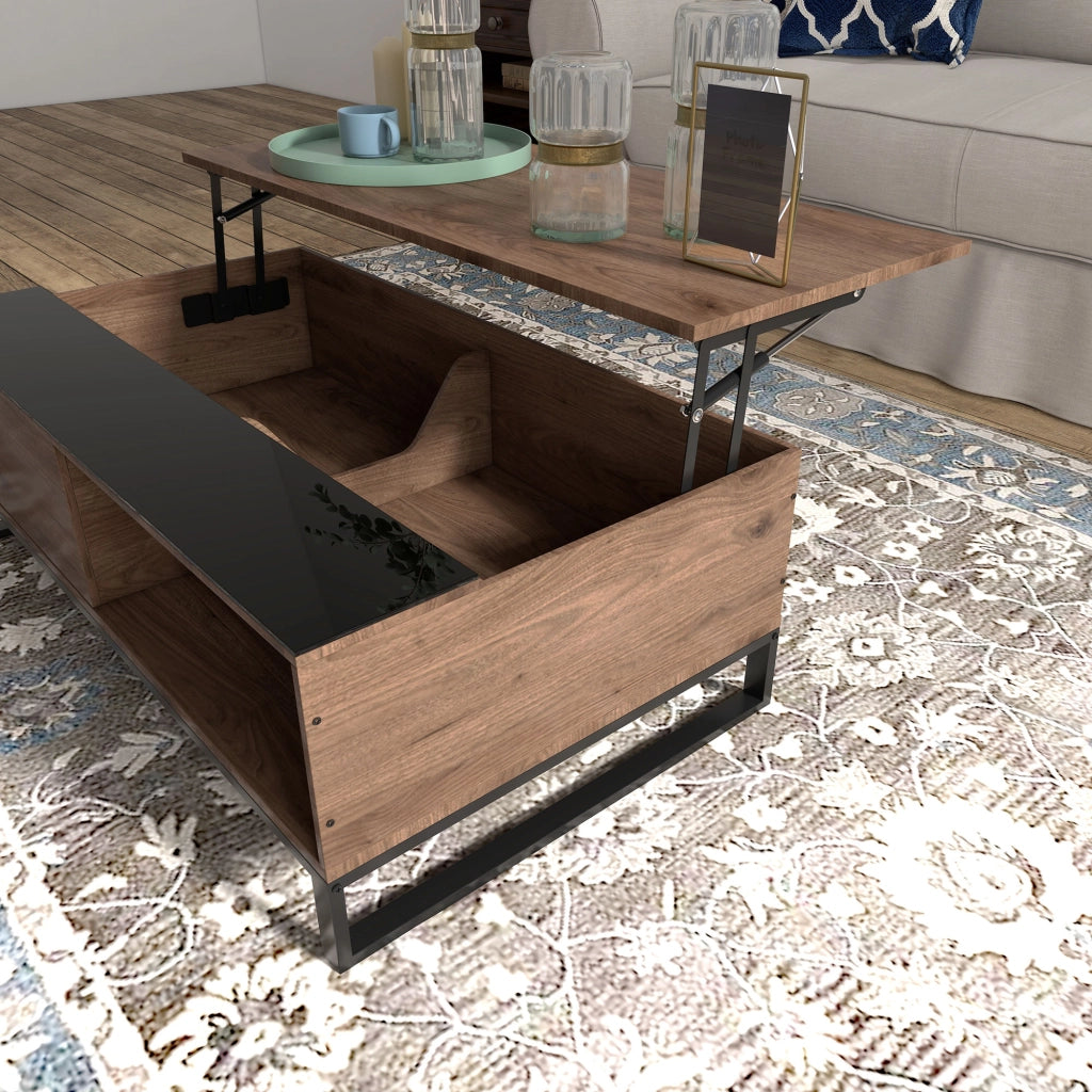 Tavolo da pranzo - tavolino con sollevamento - 102x58x35;5 cm - con vano - acciaio - noce+nero - moderno