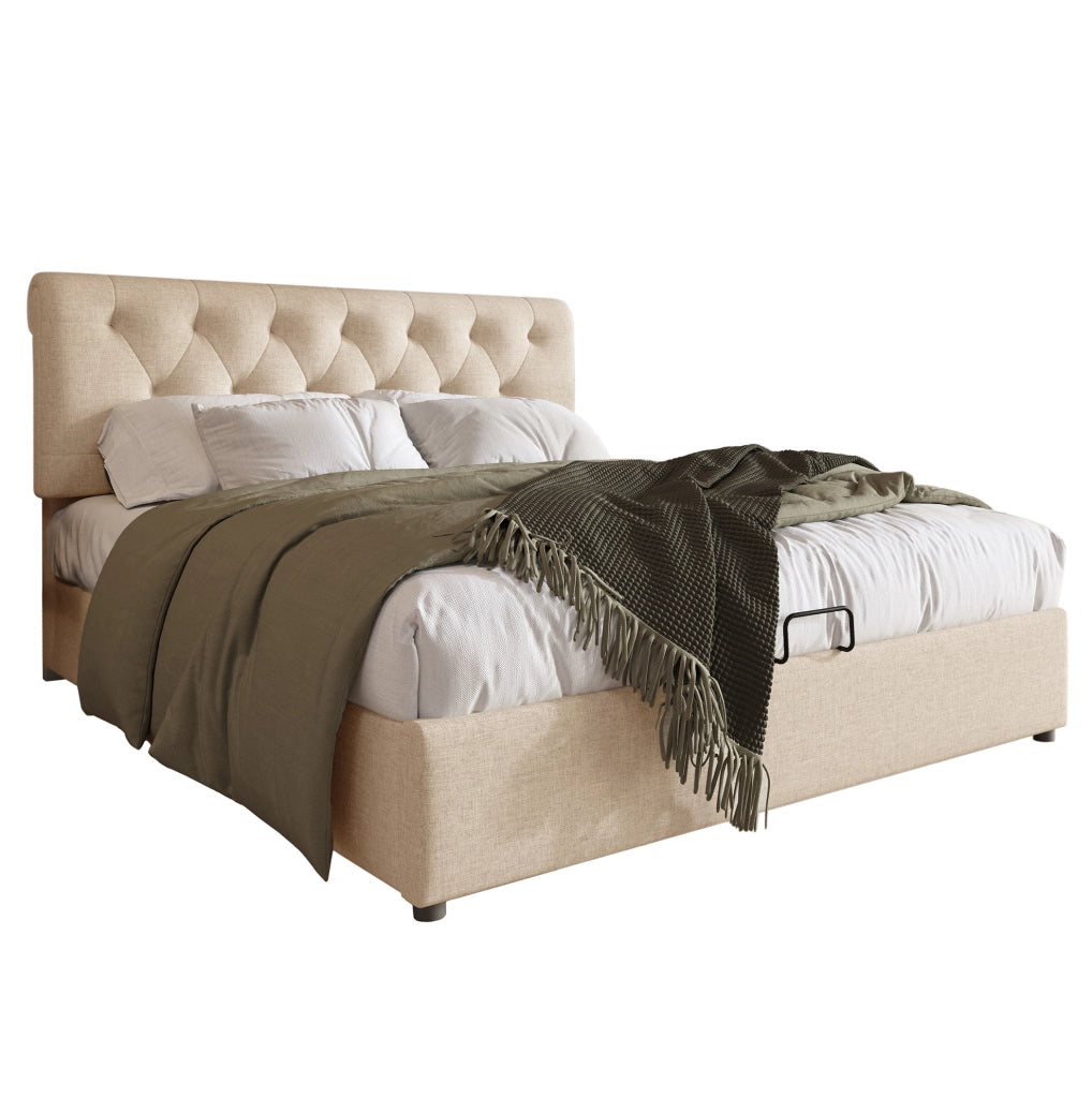 Letto matrimoniale 160x200 cm con contenitore; testiera regolabile; lino naturale