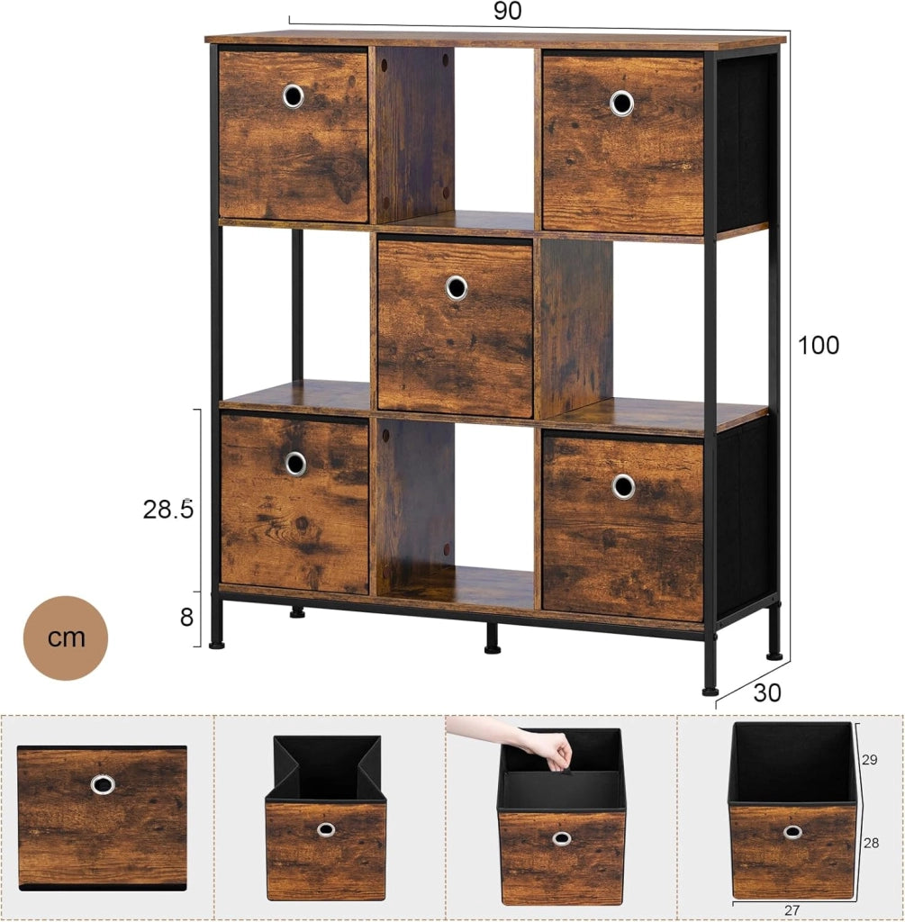 Scaffale per Libri, Scaffale con 4 Cubi Aperti e 5 Cassetti in Tessuto non Tessuto, Unità di Stoccaggio Industriale per Soggiorno/Camera da Letto/Ufficio, Legno Ingegnerizzato, RGB64vbn