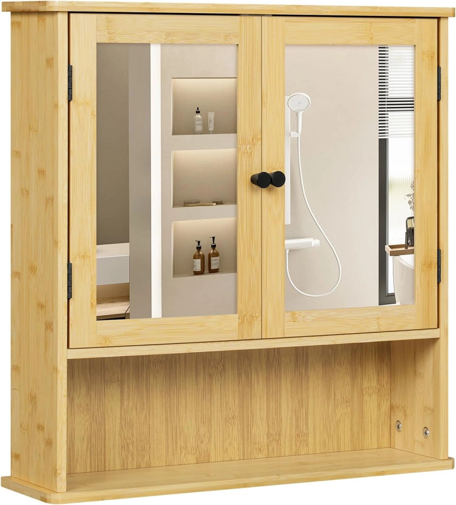 Mobiletto da Bagno Sospeso con Specchio e Ante in Bambù, Armadietto Salvaspazio, Contenitore da Parete, con Ripiano Regolabile, Scomparto Aperto, 56x14x58 cm