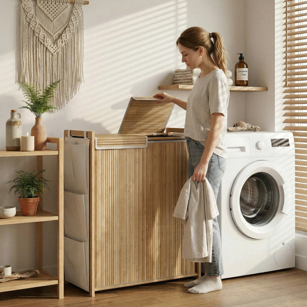 Cesto per il bucato in bamb¨´ con sacco a cordino rimovibile e tasche laterali ¨C Minimal ¨C 120L Naturale