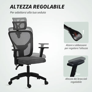 Sedia da Ufficio Ergonomica e Regolabile 66x61x106-116 cm con Supporto Lombare e Poggiatesta in Tessuro a Rete Grigio