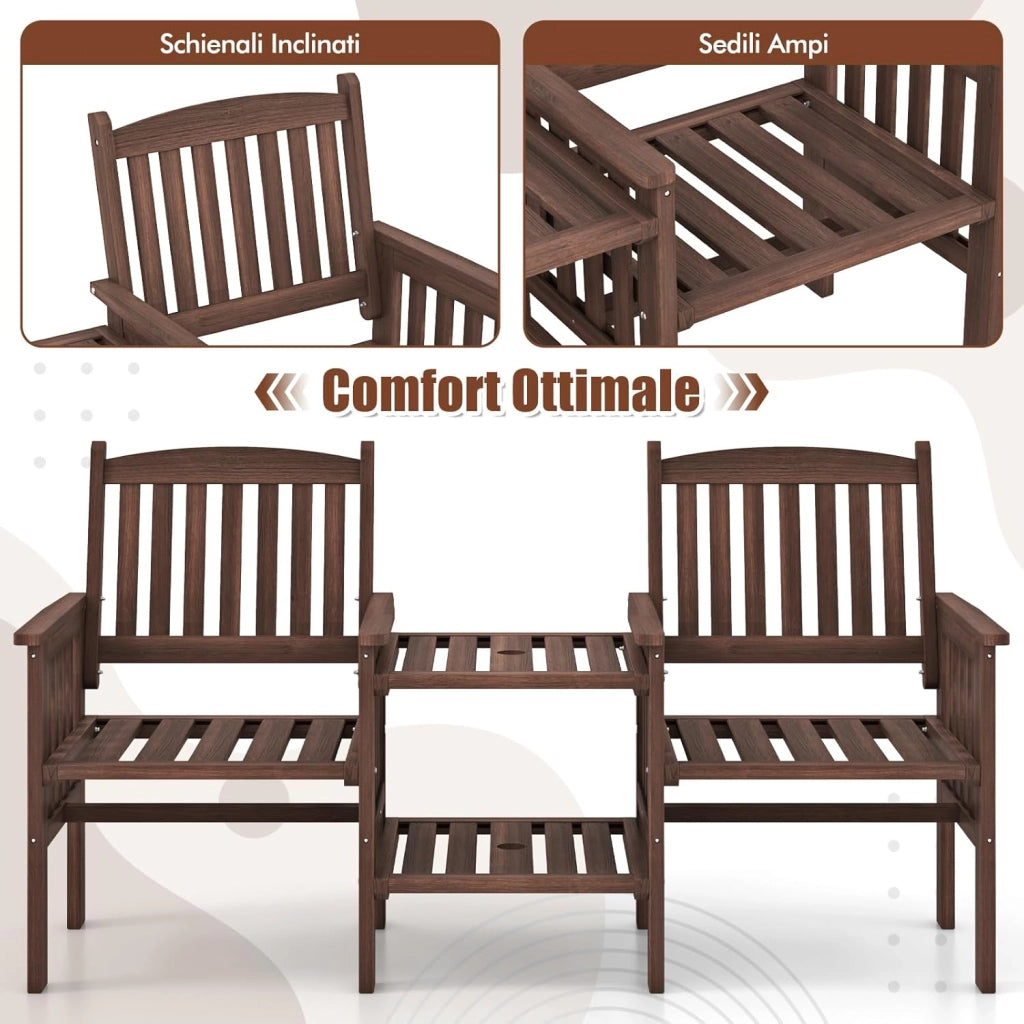 Set Tavolo e Sedie da Giardino con Foro per Ombrellone, Set di Mobili a 2 Posti in Legno Abete, Tavolino a 2 Ripiani, Sedia Portata 150 kg, Tavolino Portata 30+30 kg (Marrone)