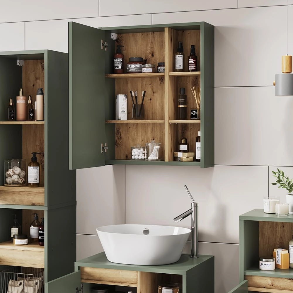 Mobile a specchio per bagno Viola, Verde/Artigianale, 60 x 75 cm con ripiani aperti, adatto al montaggio a parete per l'uso in bagno