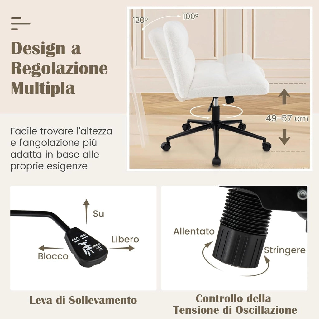 Sedia da Ufficio con Ruote, con Seduta Riempita, Altezza Regolabile, Funzione a Dondolo 100°-120°, Sedia Ergonomica Portata 150 kg, per Soggiorno Ufficio Scrivania (Beige)