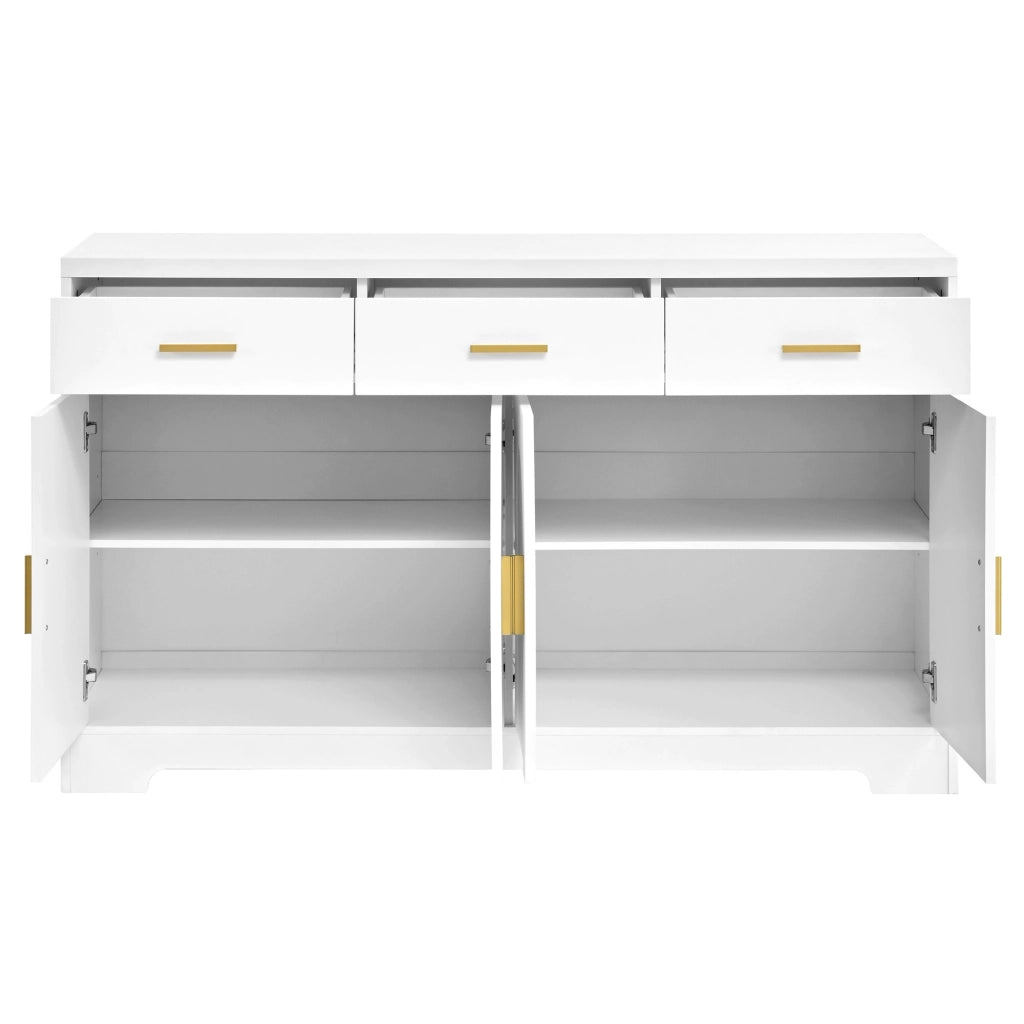 Sideboard bianco con 4 ante ad arco, 3 cassetti e ripiani regolabili, struttura in MDF