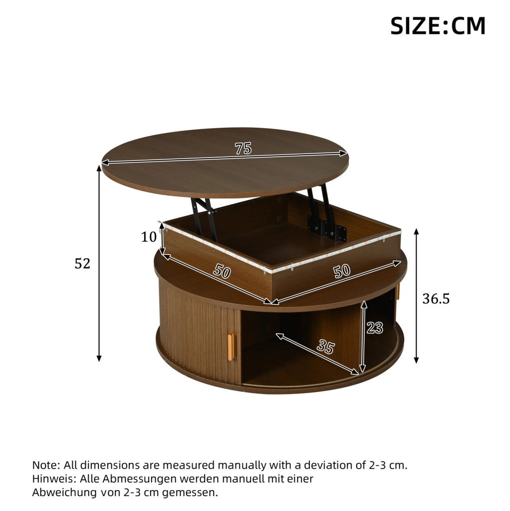 Tavolino da caffè rotondo 75 cm regolabile in altezza con LED e vano contenitore; colore noce