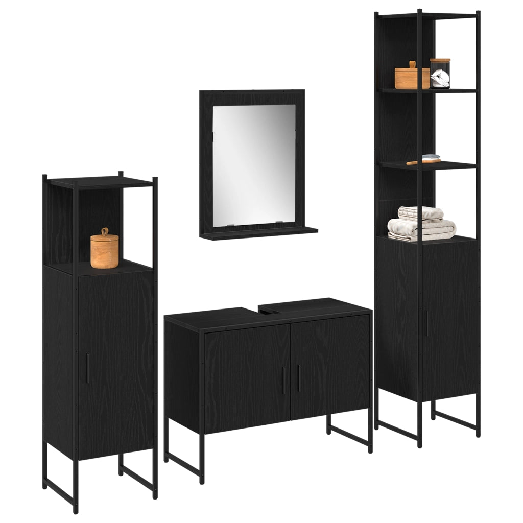 Set di Mobili da Bagno 4 Pezzi Rovere Nero Legno Ingegnerizzato