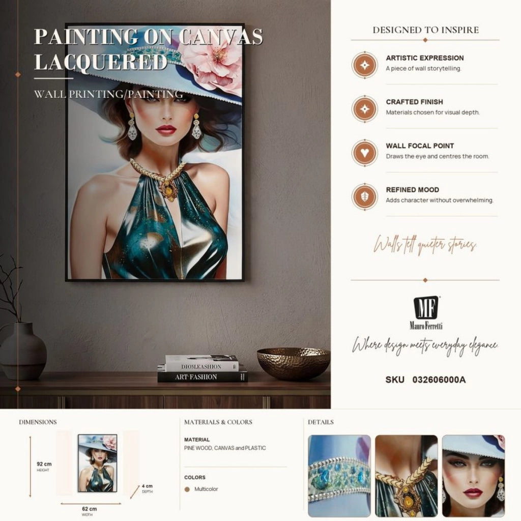 Dipinto su tela Pam A dama glam con cappello fiorito, 62x92 cm