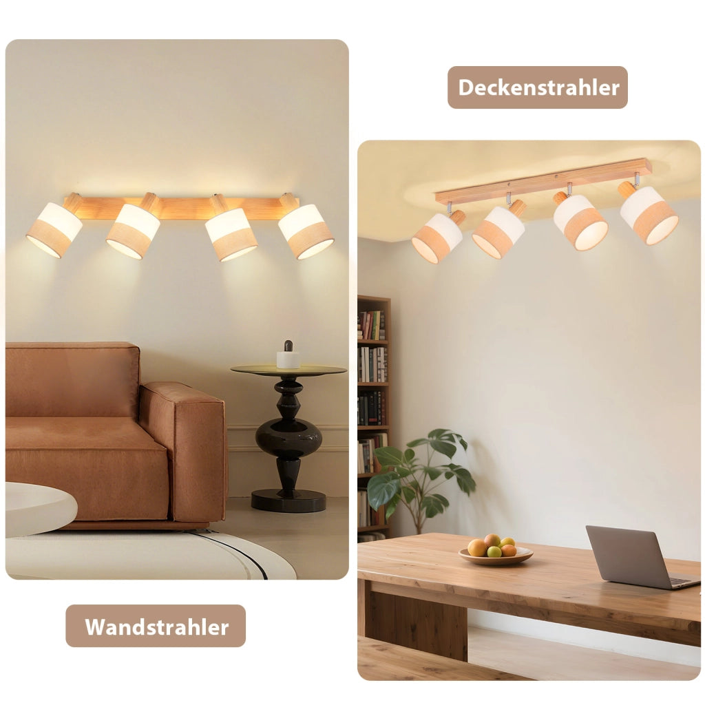 ZMH Faretto da soffitto vintage 4 luci legno tessuto orientabili 350° E14 max 25W senza lampadina
