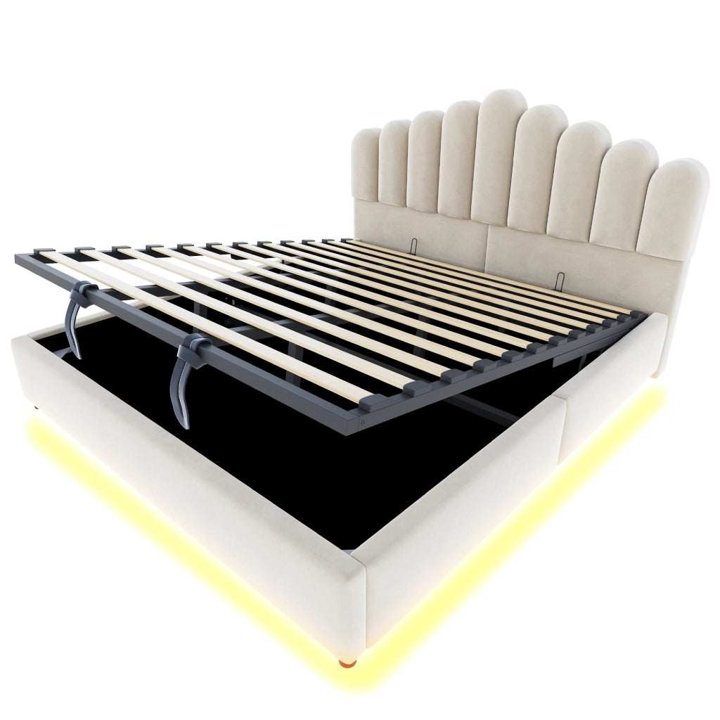 Letto imbottito 180x200 cm con contenitore idraulico, testiera trapuntata, LED e struttura in velluto beige