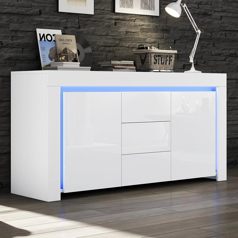 Credenza Soggiorno 140x40x65cm - Xylo - 3 Cassetti e 2 Ante Lucide con LED, Bianco