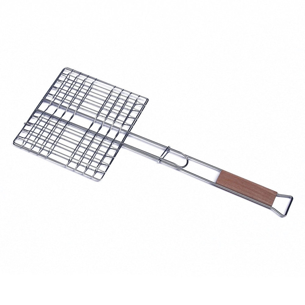 Trade Shop - Graticola Griglia Quadrata 32 X 19 Cm Con Manico In Legno Per Barbecue -