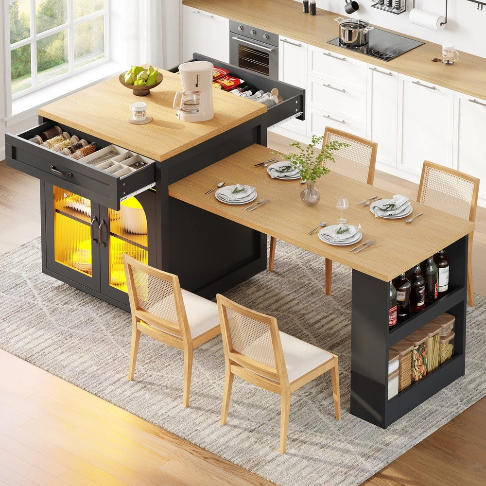 Isola Cucina Allungabile con LED ¨C Xylo ¨C MDF, Cassetti, Ante in Vetro, Credenza Moderna