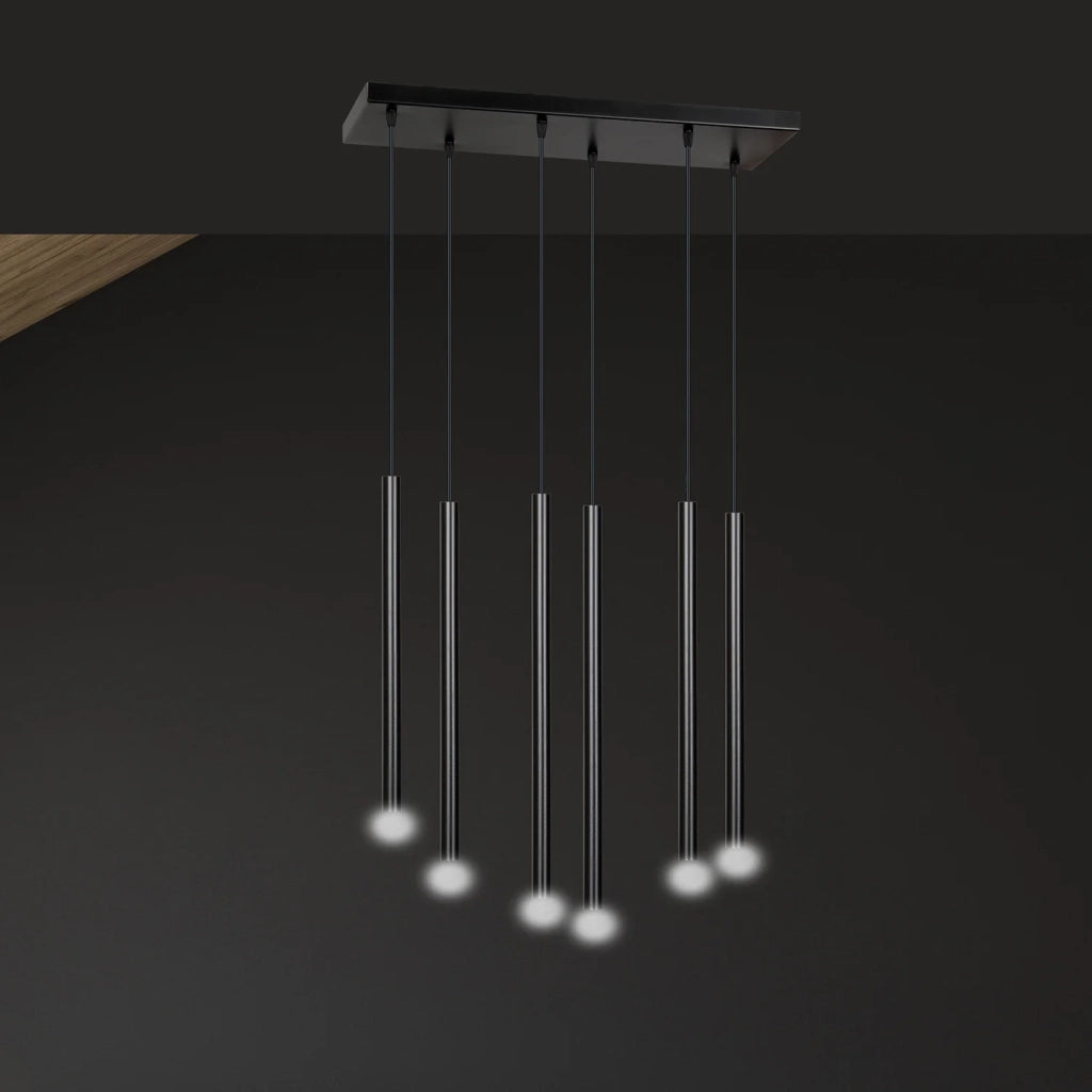 Lampadario 6 Luci Moderno Shu Acciaio Nero E Paralumi A Cilindri Sottili