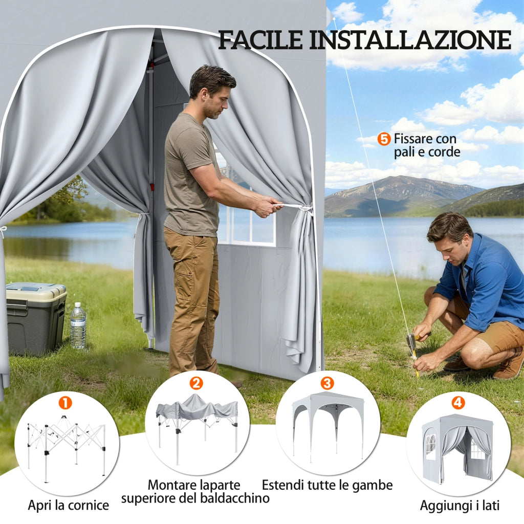 Gazebo Pieghevole 2x2 m Regolabile con 4 Pareti Laterali, in Metallo e Tessuto Oxford Grigio Chiaro