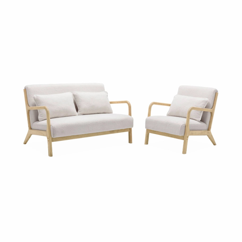 Panca stile scandinavo in legno e bouclé, 2 posti, crema