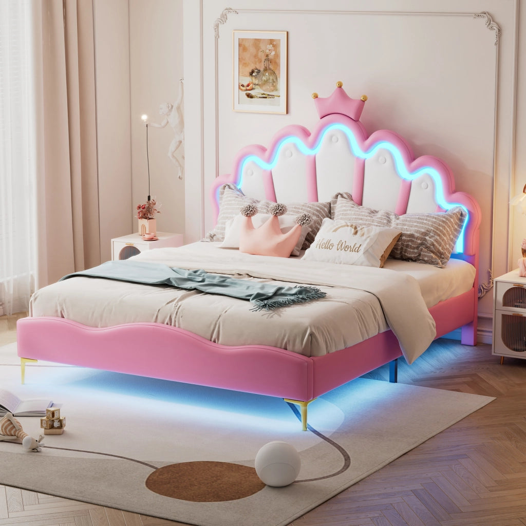 Letto Matrimoniale 140×200 cm con LED Regolabile e Testiera Regolabile; senza Materasso; PU; Rosa