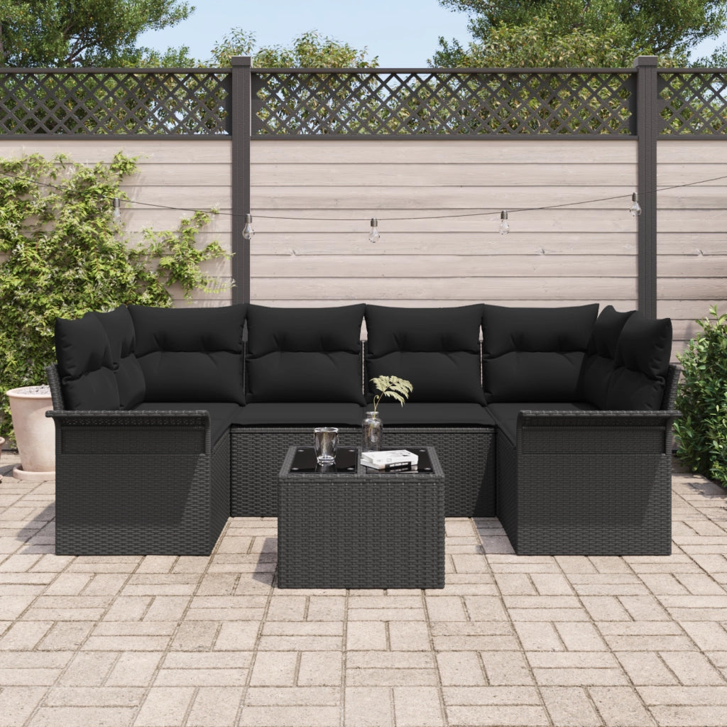 Set Divano Giardino 7 Pezzi con Cuscini Nero Polyrattan