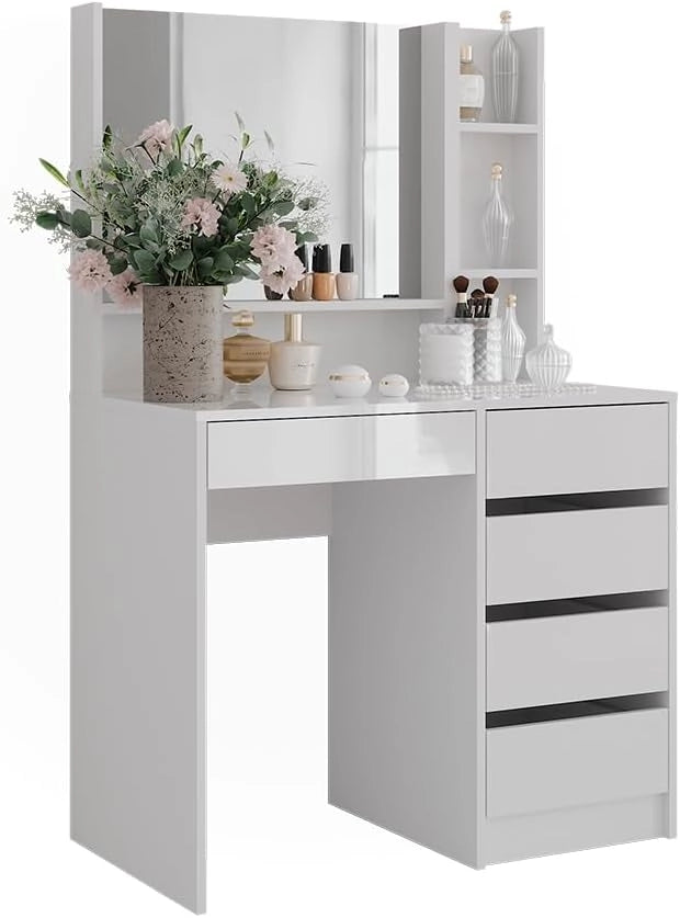 Tavolo da toeletta Sherry, Bianco/bianco lucido, 89.8 cm 3 parti, con grande specchio per la routine cosmetica quotidiana