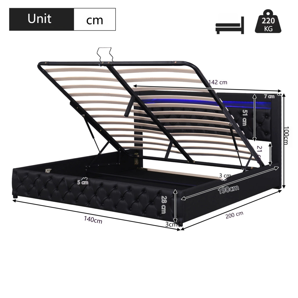 OKWISH Letto Contenitore 140×190 cm, Letto Matrimoniale con Contenitore Idraulico, LED Regolabile e Testiera, senza Materasso, in PU, Nero