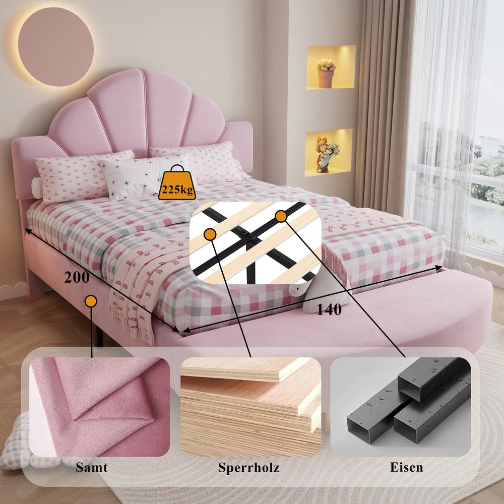 Letto Imbottito con Testiera in Velluto e Panca ¨C MINIMAL ¨C Rosa, 140x200