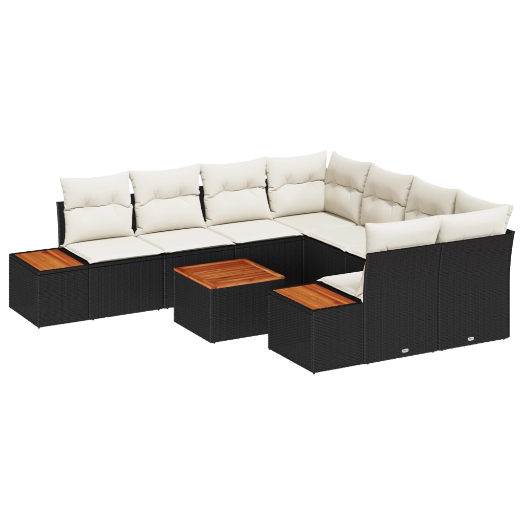 Set Divano Giardino 9 Pezzi con Cuscini Nero in Polyrattan e Acacia