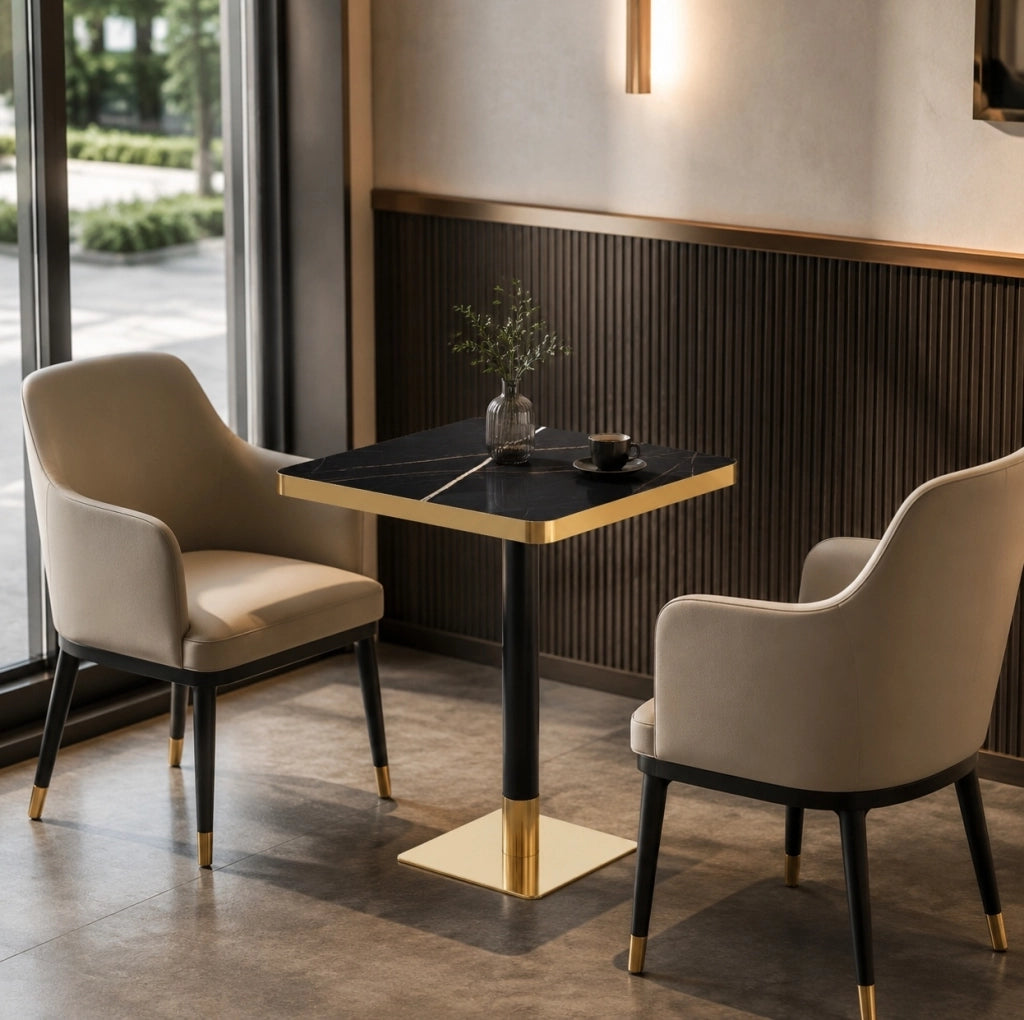 Tavolo quadrato 60x60 cm effetto marmo con bordo dorato e struttura in metallo nero