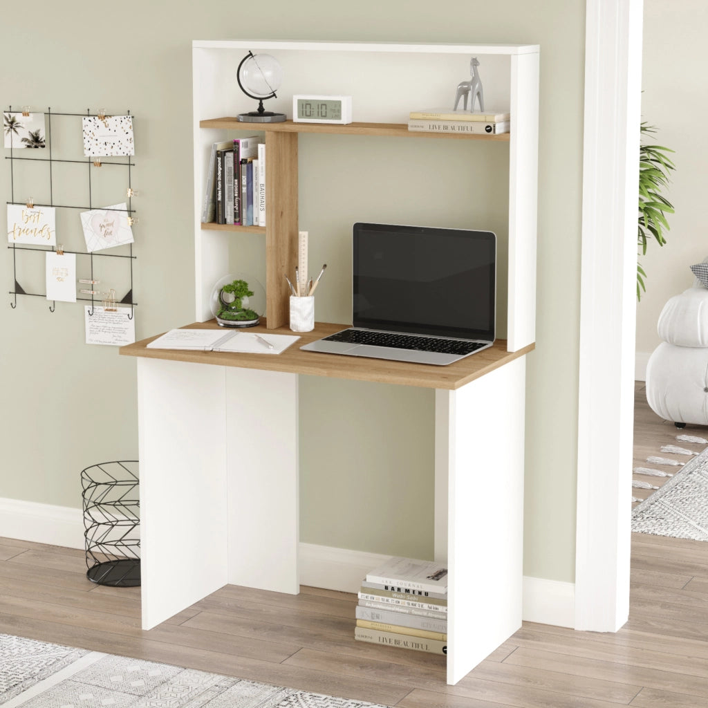 Scrivania Tópisa con Scaffale e Piano 90 x 52 cm - Effetto Rovere / Bianco [en.casa]