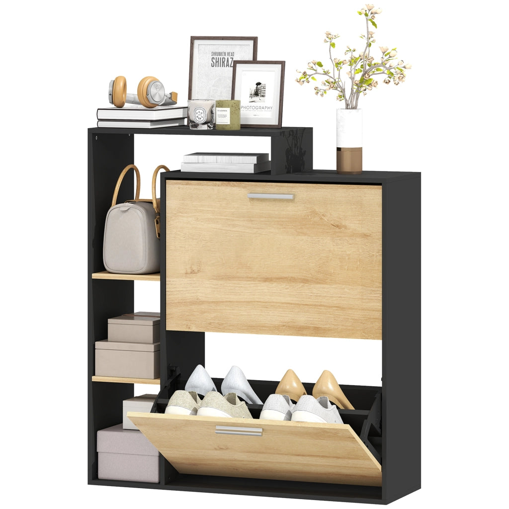 Mobile Portascarpe con 2 Cassetti a Ribalta e Ripiani ¨C Zephmum ¨C Nero e Legno Naturale
