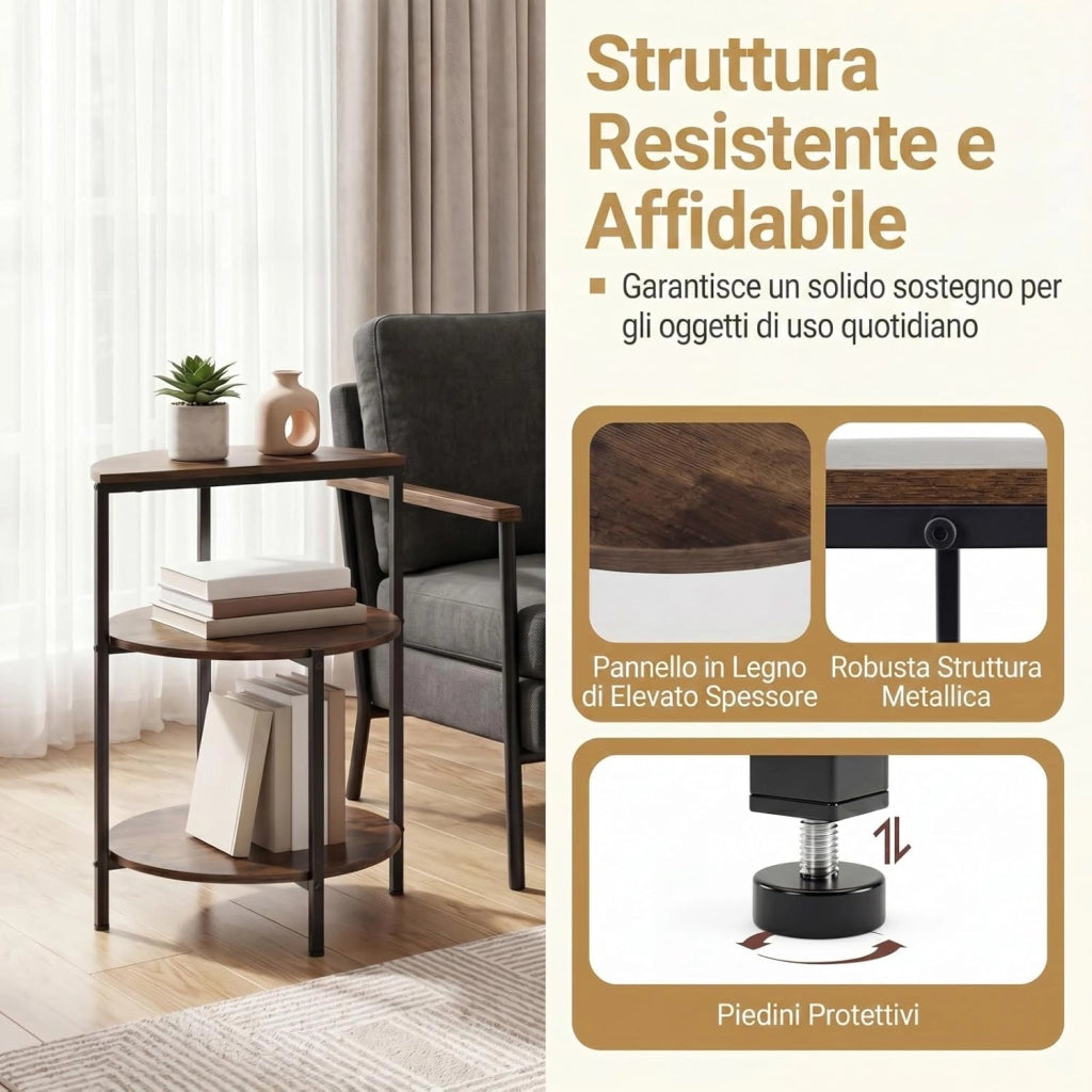 Tavolino Salotto Rotondo, Tavolinetto Laterale da Divano, da Caffè, Comodino Basso a 3 Ripiani in Legno e Metallo, Industiale e Salvaspazio, per Soggiorno, Camera da Letto, 43 X 43 X 63 CM