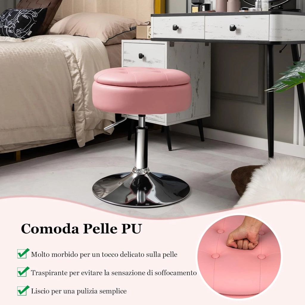 Sgabello Girevole Altezza Regolabile con Portaoggetti, Poggiapiedi Sgabelli da Trucco, Tavolino da Caffè, Sgabello da Lavoro Rotondo in Finta Pelle per Bar, Ufficio, Soggiorno, Camera (Rosa)