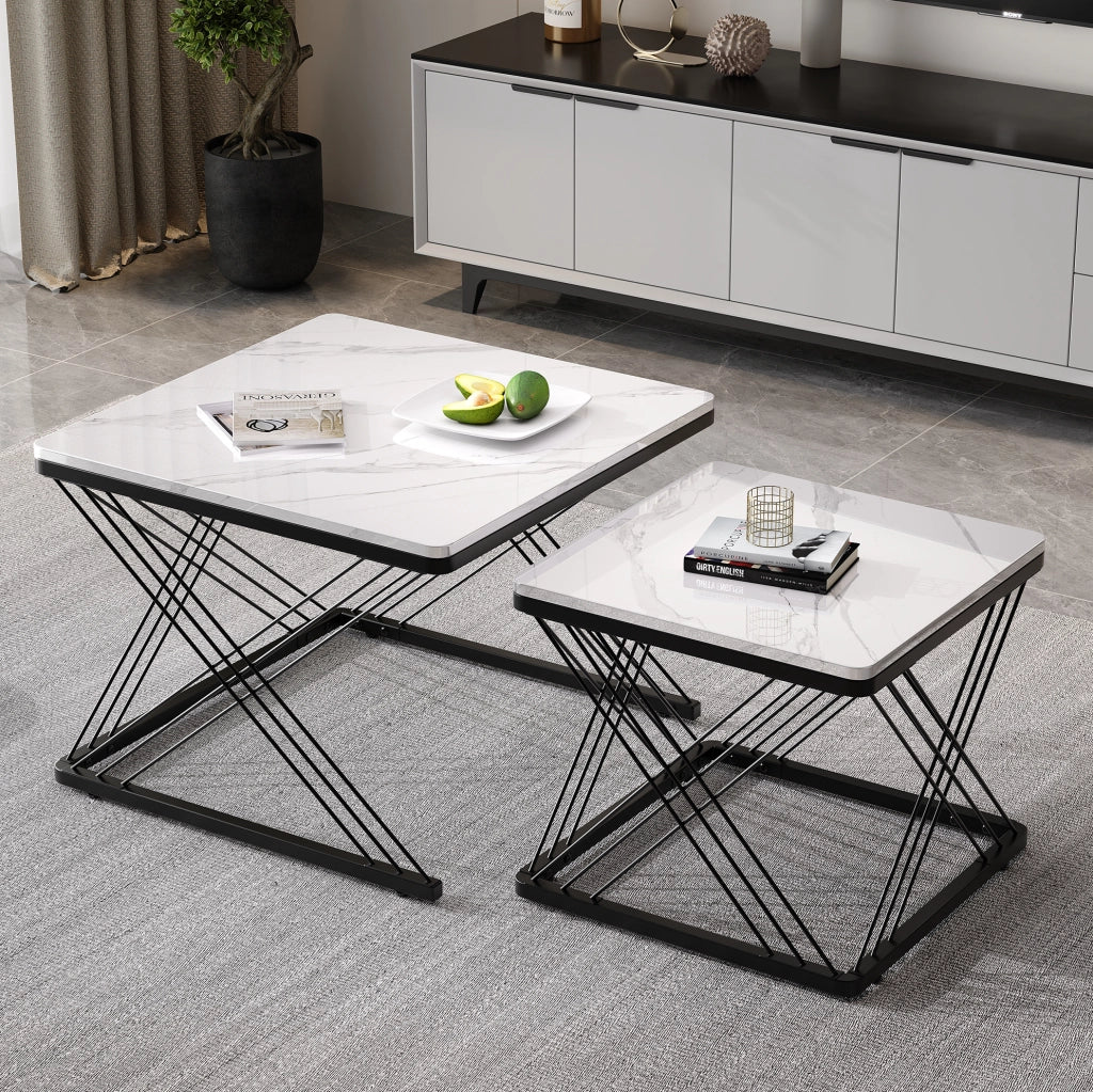 Set di 2 tavolini da caffè quadrati in MDF effetto marmo