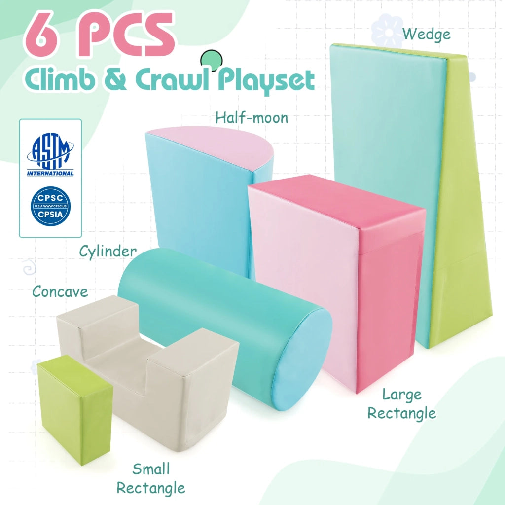 6 Pezzi Set da Gioco con Blocchi da Arrampicata e Strisciare in Schiuma Verde con Forme Rettangolari, Morbidi e Impilabili per Casa