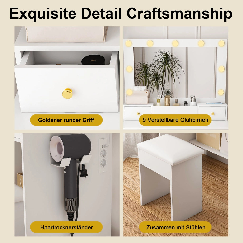 Toeletta con 4 cassetti; specchio LED; presa integrata e porta phon per camera da letto; 80×40×137 cm