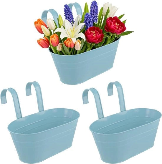 Set di 3 vasi da appendere per balcone e giardino - Decorazione per parete blu - Con grucce rimovibili - Dimensioni 28 x 13 x 12 cm - Adatto per ringhiere - Decorazione per la casa di giardino