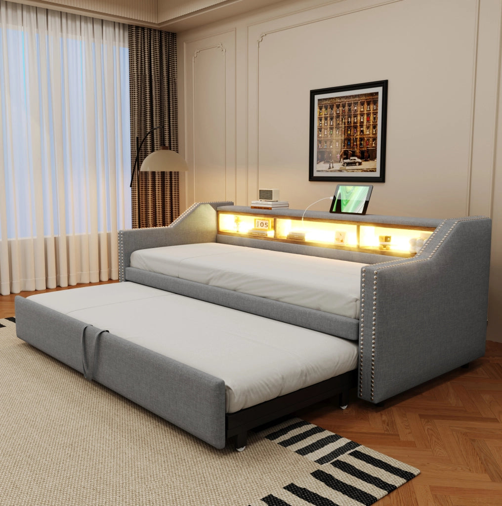Divano letto imbottito estraibile 90/180 x 190 cm con LED; USB e 2 materassi; grigio chiaro