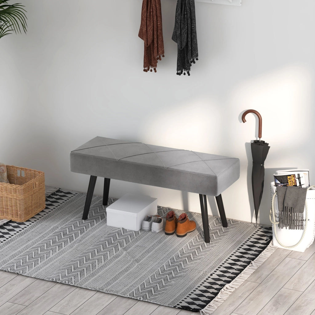 Panca imbottita effetto velluto, per camera e ingresso, gambe in acciaio, grigio, 100 × 36 × 45 cm