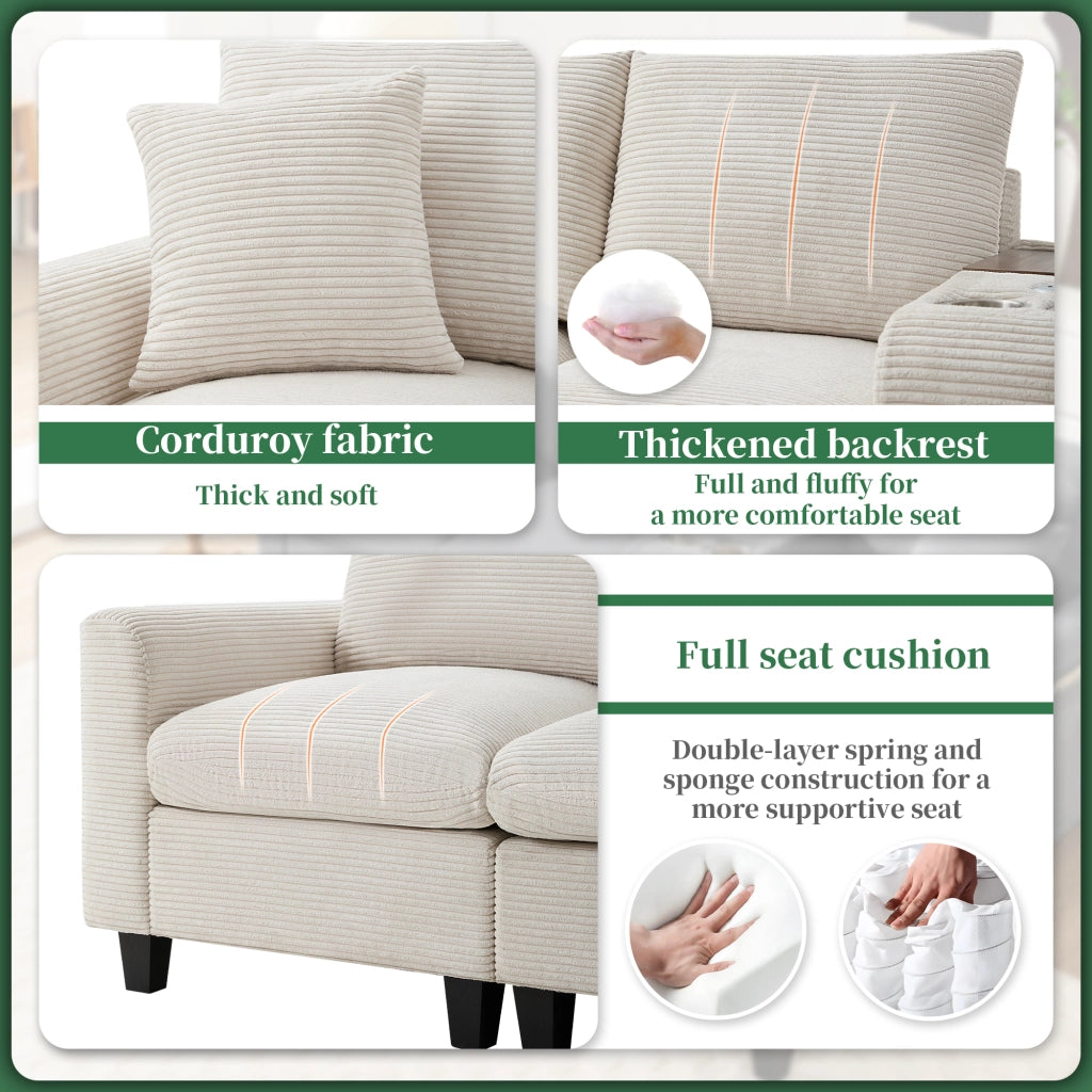 Divano angolare modulare 4 posti - con console; portabicchieri e USB - in velluto a coste beige