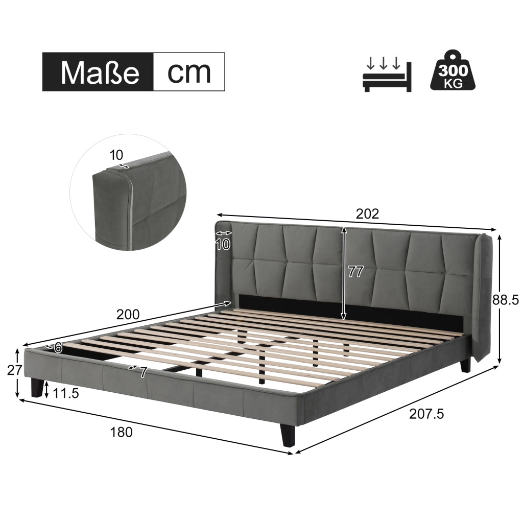 OKWISH Letto Matrimoniale 180×200 cm con Testiera Imbottita, Doghe in Legno e Piedini di Rinforzo, senza Materasso, Velluto Grigio