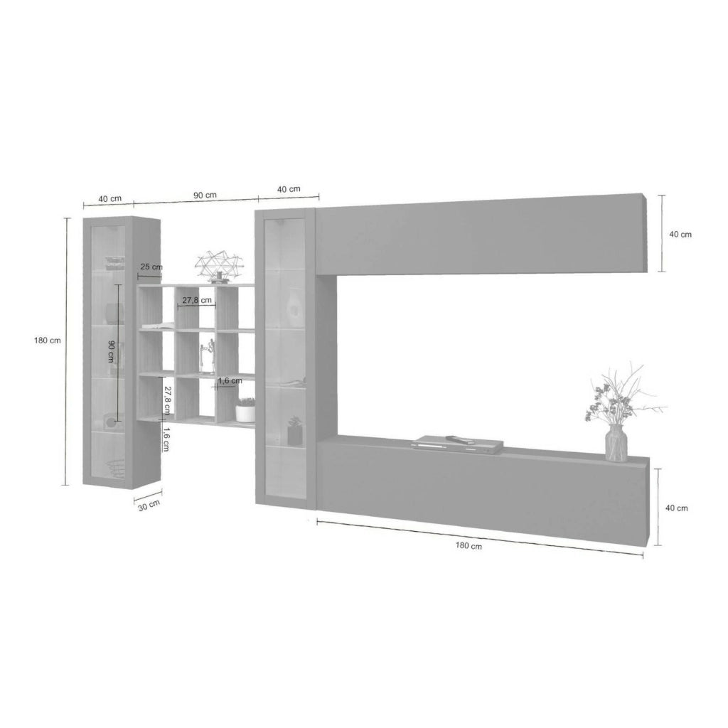 Mobile Soggiorno Avella, Parete Attrezzata 20 Ripiani Made in Italy, 350x30x180h cm Nero Antracite